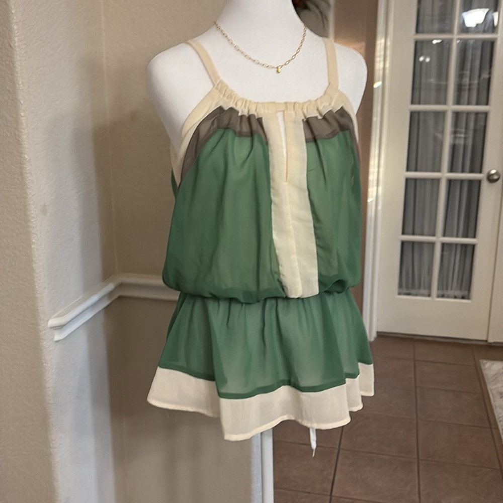 Body Central green, tan & cream color block sheer peplum top Size M